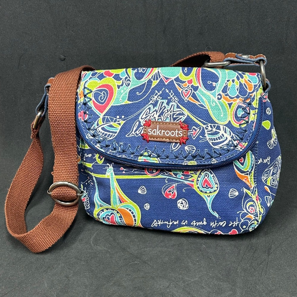 Sakroots Artist Circle Canvas Crossbody Bag Blue Multi Color Boho Flap Purse